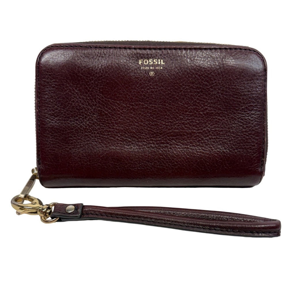 Fossil Logan Zip Around Clutch Wallet Burgundy Leather Teal Interior Wristlet
